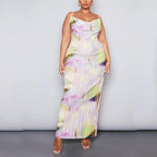Multi Watercolour Plisse Strappy Maxi Dress