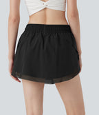 Mid Rise Drawstring 2-in-1 Contrast Mesh Mini Tennis Skirt with Pockets