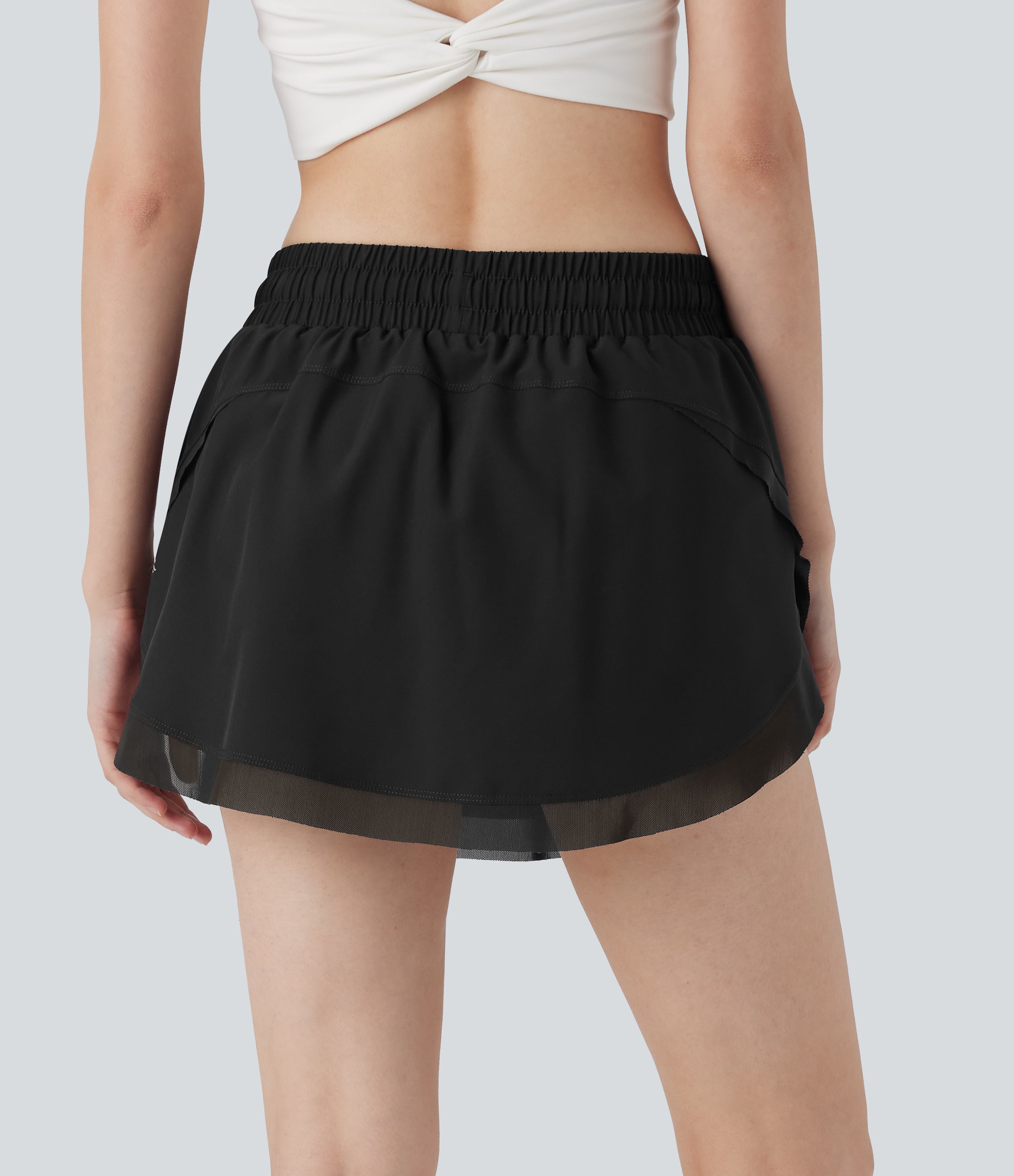 Mid Rise Drawstring 2-in-1 Contrast Mesh Mini Tennis Skirt with Pockets