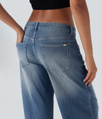 FlexTM Asymmetric Low Rise Zipper Pockets Baggy Wide Leg Washed Casual Jeans