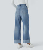 FlexTM High Waisted Multiple Pockets Rolled Hem Wide Leg Washed Stretchy Knit Casual Jeans