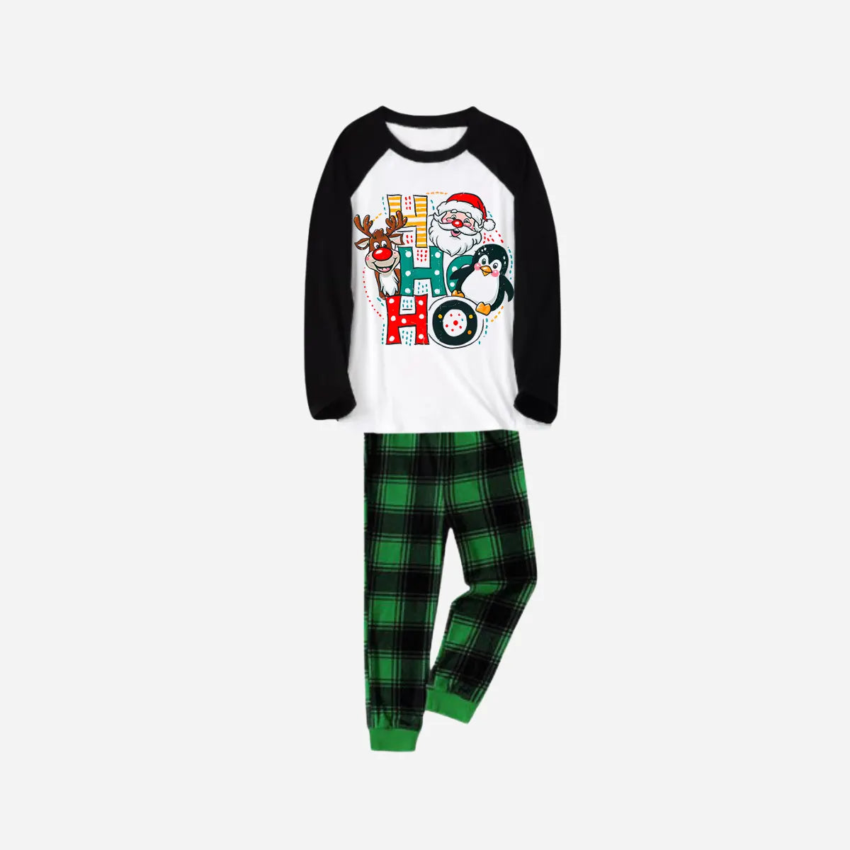 Black Raglan Top Green Plaid Christmas Pajamas Set With "HO HO HO" Pattern Print