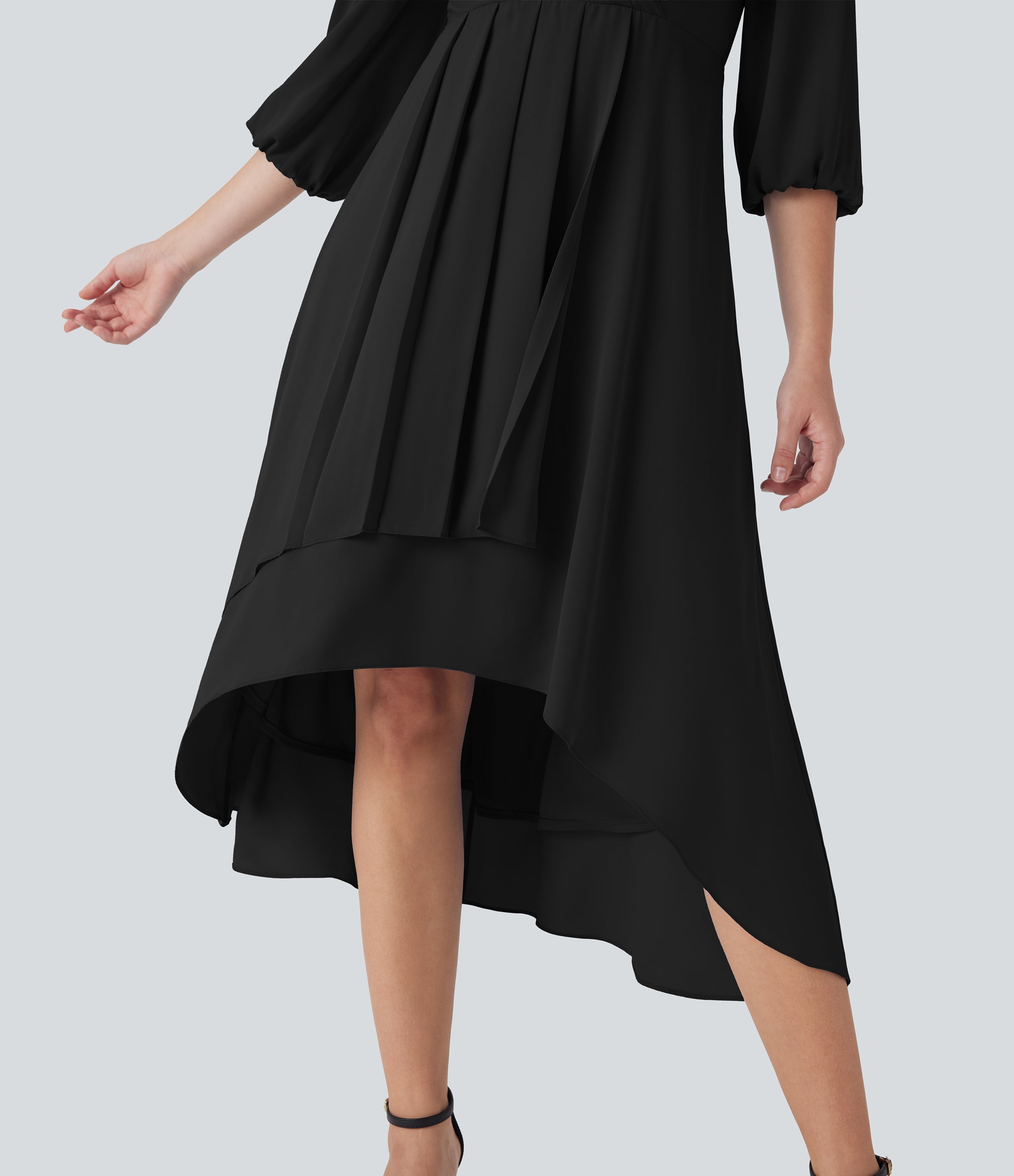 V Neck 3/4 Sleeve Pleated High Low Midi Casual Dress