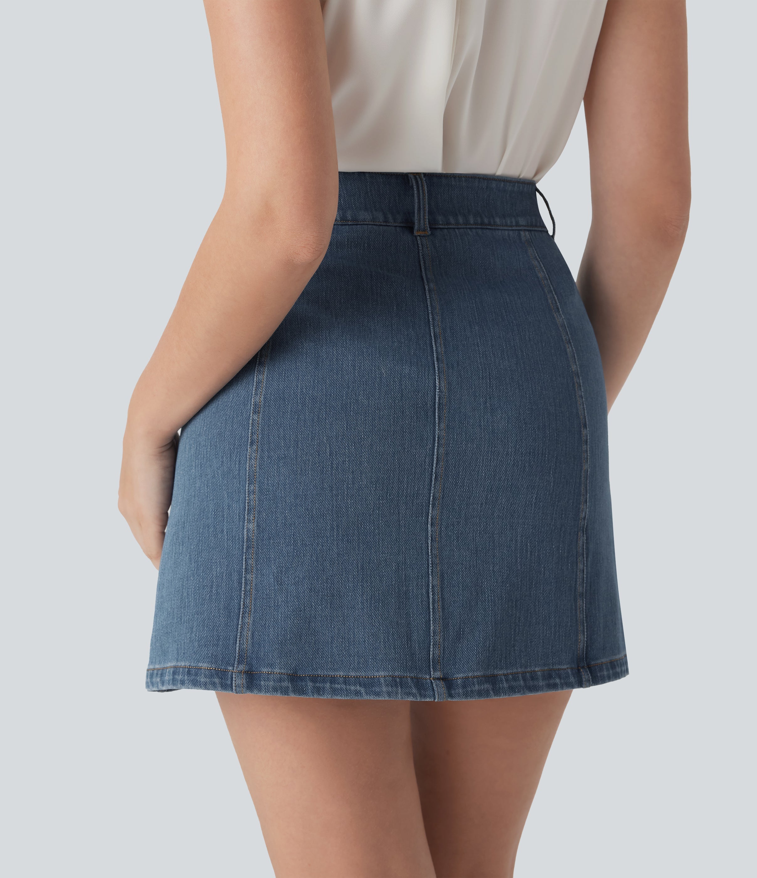 FlexTM Mid Rise A Line Stretchy Knit Denim Mini Casual Skirt with Pockets