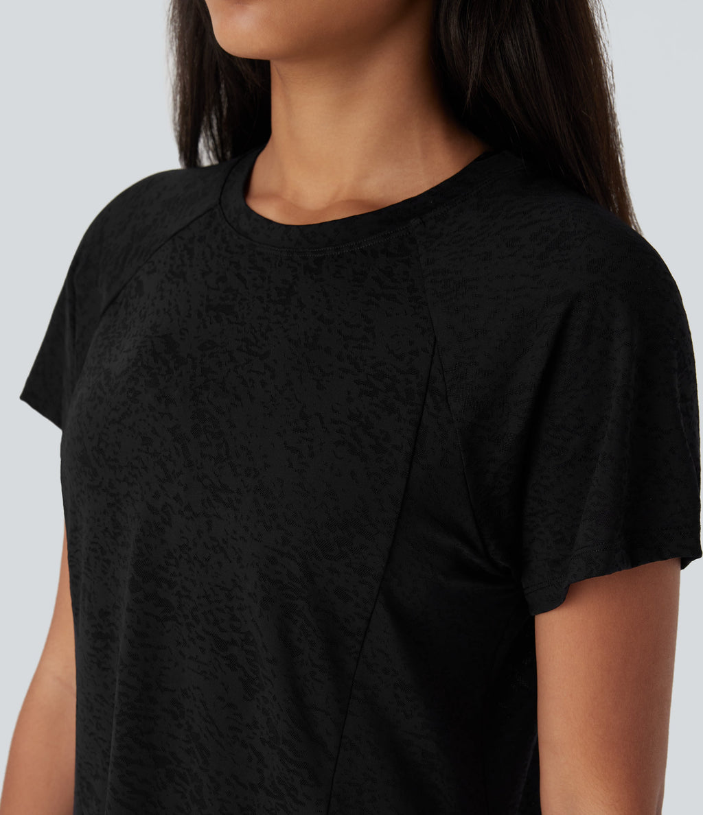 Jacquard Round Neck Raglan Sleeve Yoga Sports Top