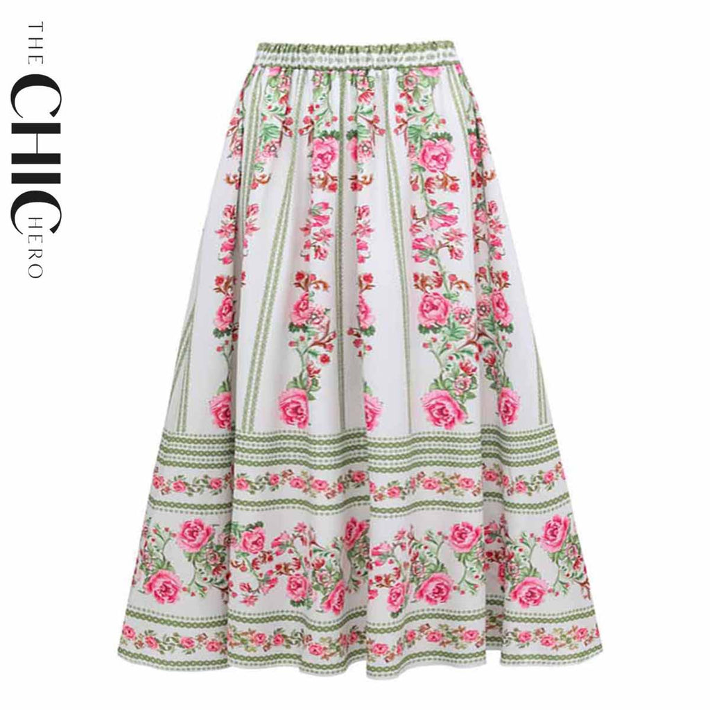 Vintage Rose Garden V Neck Lace Up Floral Swimsuit&Skirt