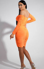 Ruched Bardot Long Sleeve Bodycon Mini Dress