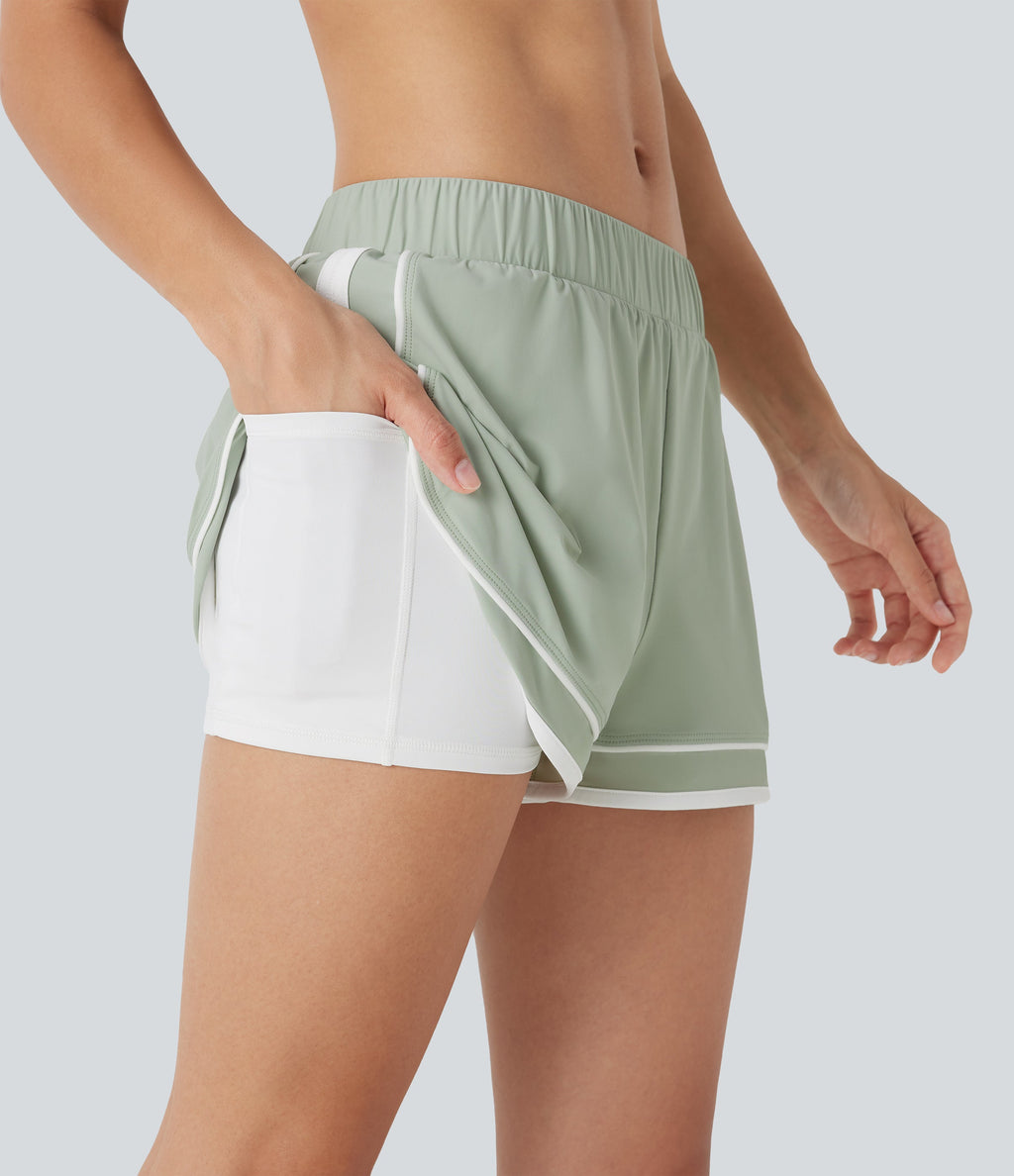 Low Rise Color Block Curved Hem 2-in-1 Cool Touch Quick Dry Running Shorts with Pocket