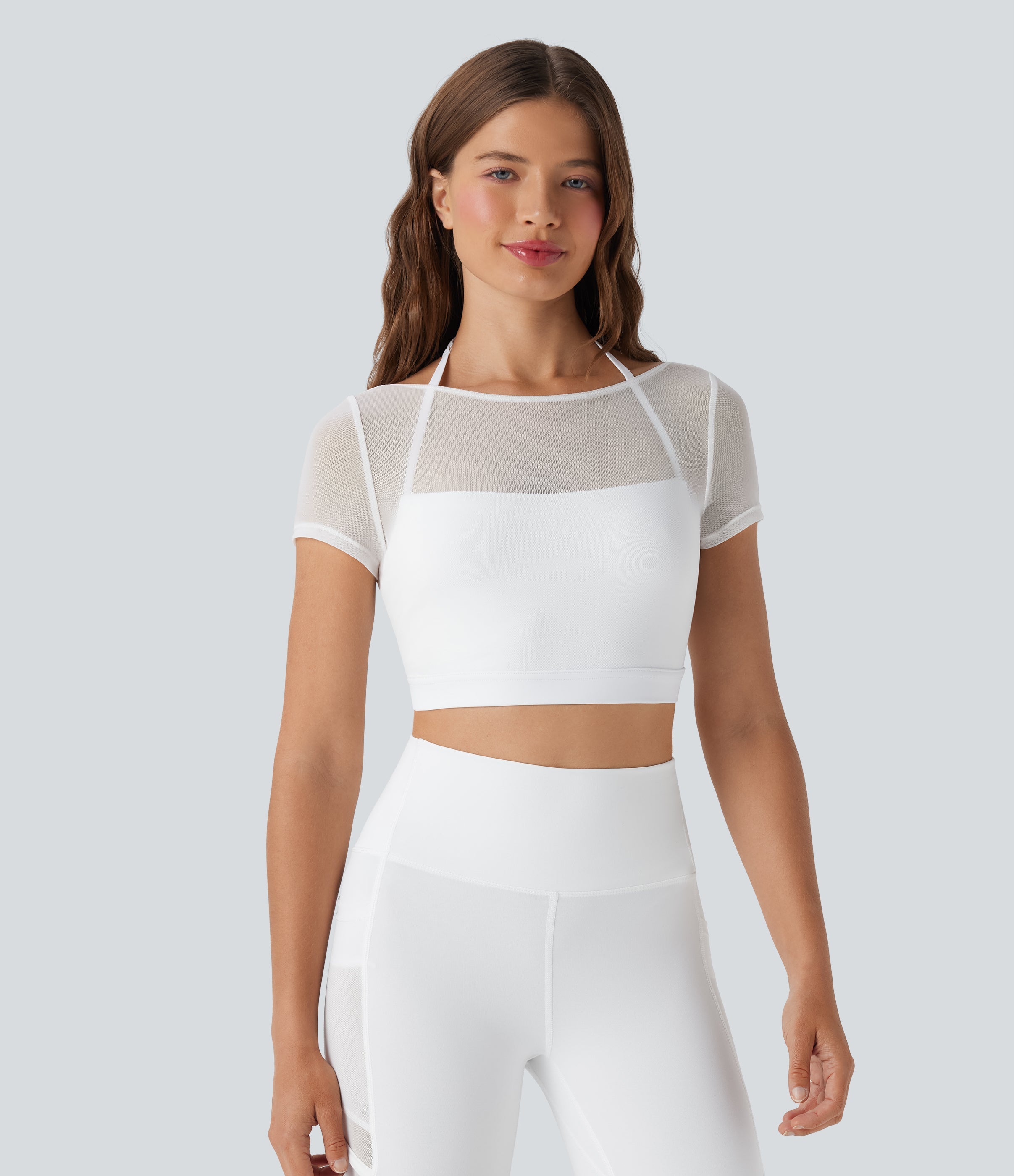 Halter Short Sleeve Contrast Mesh 2-in-1 Cropped Yoga Sports Top