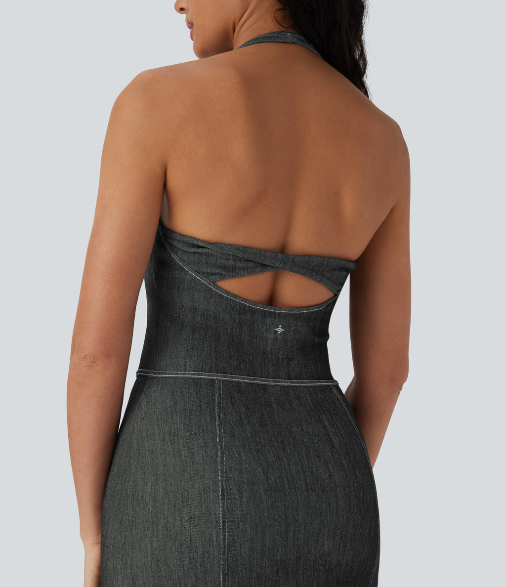 FlexTM Halter Bodycon 2-Piece Cool Touch Washed Denim Mini Tennis Active Dress with Pockets