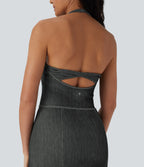 FlexTM Halter Bodycon 2-Piece Cool Touch Washed Denim Mini Tennis Active Dress with Pockets