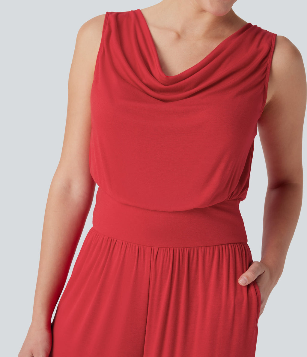 Ribbed Cowl Neck Sleeveless Wide Leg Casual Jumpsuit with Pockets