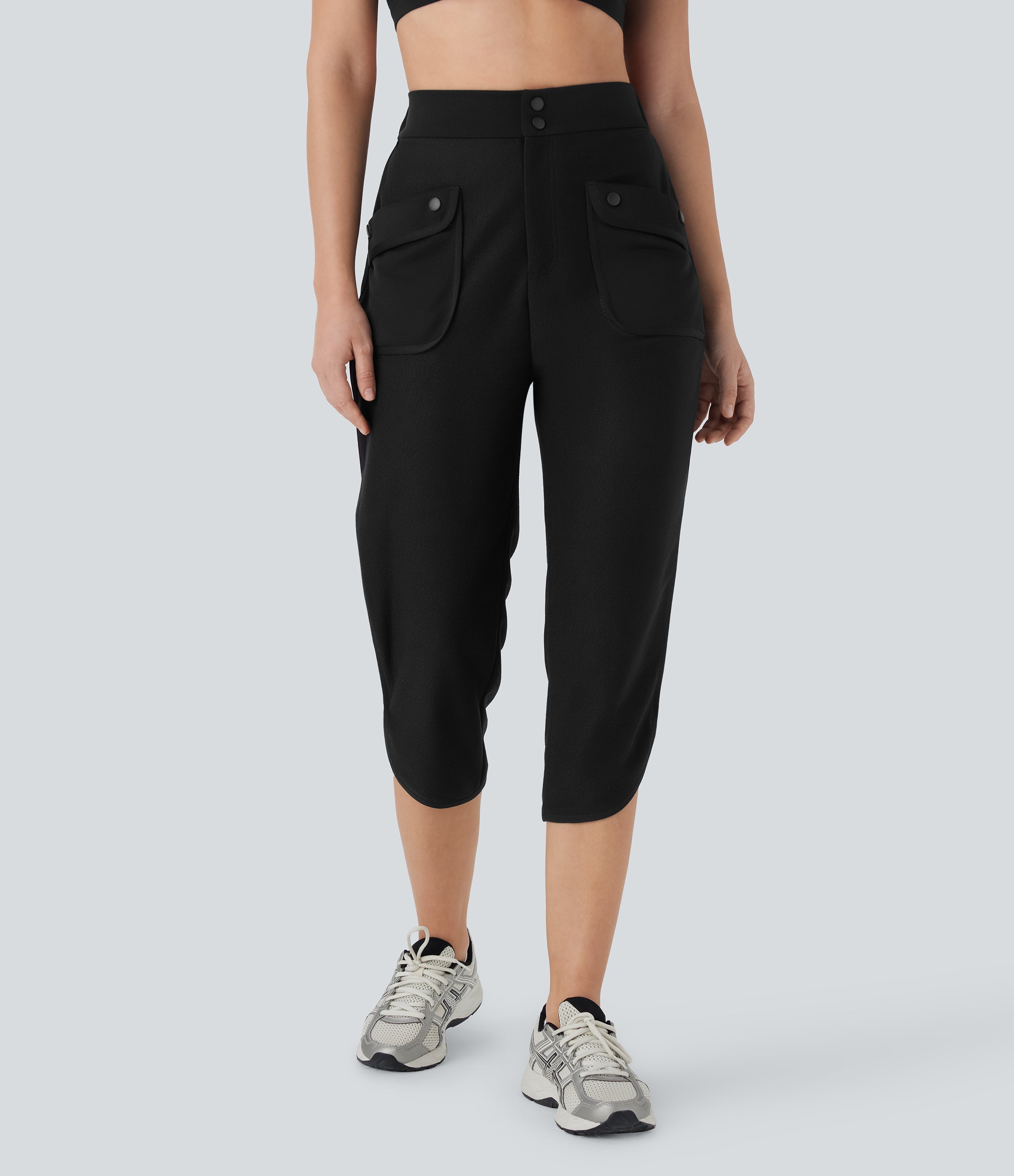 Mid Rise Curved Hem Yoga Capri Pants with Pockets