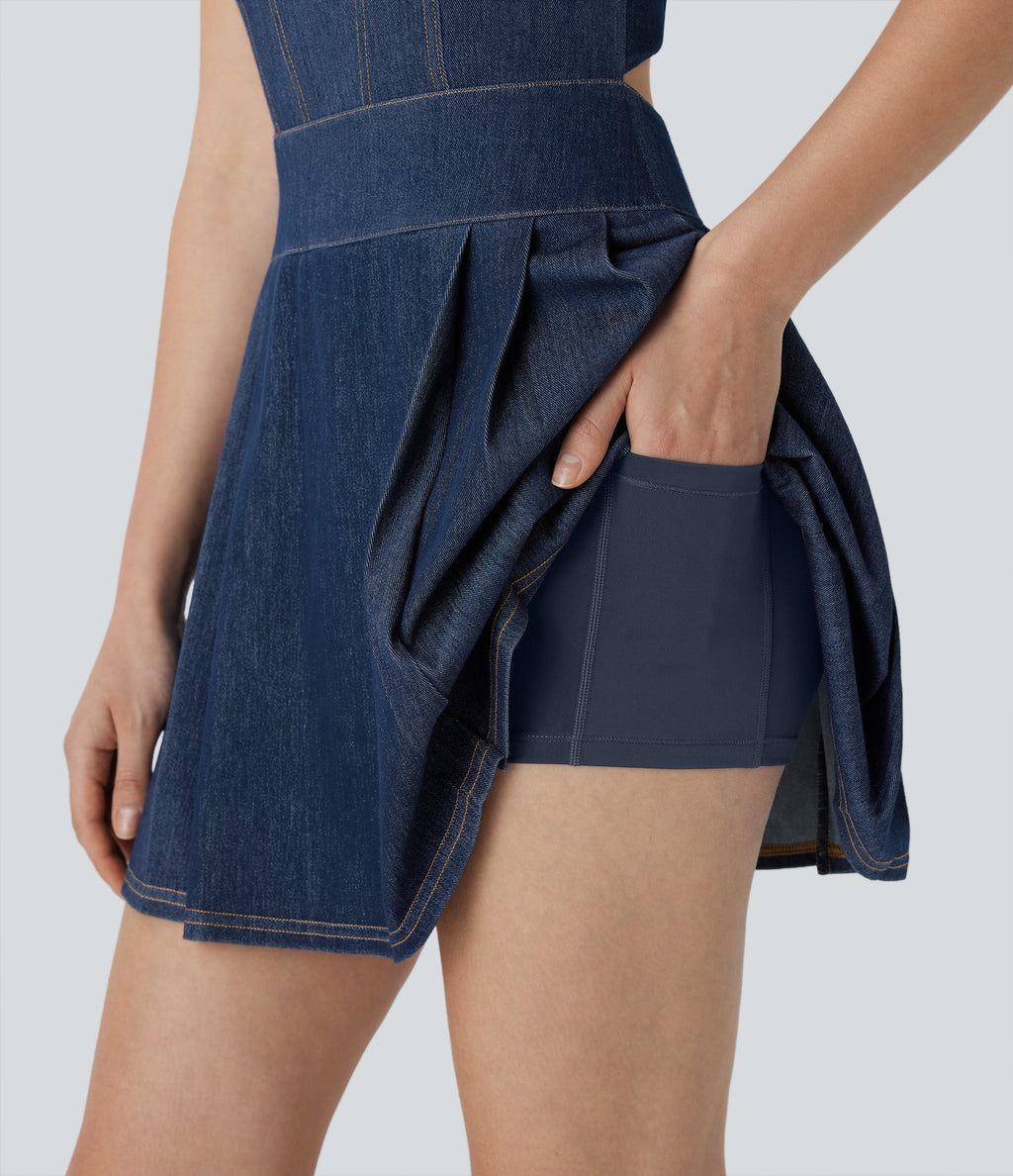 FlexTM Pleated Hem 2-in-1 Cool Touch Washed Denim Tennis Active Dress with Pockets