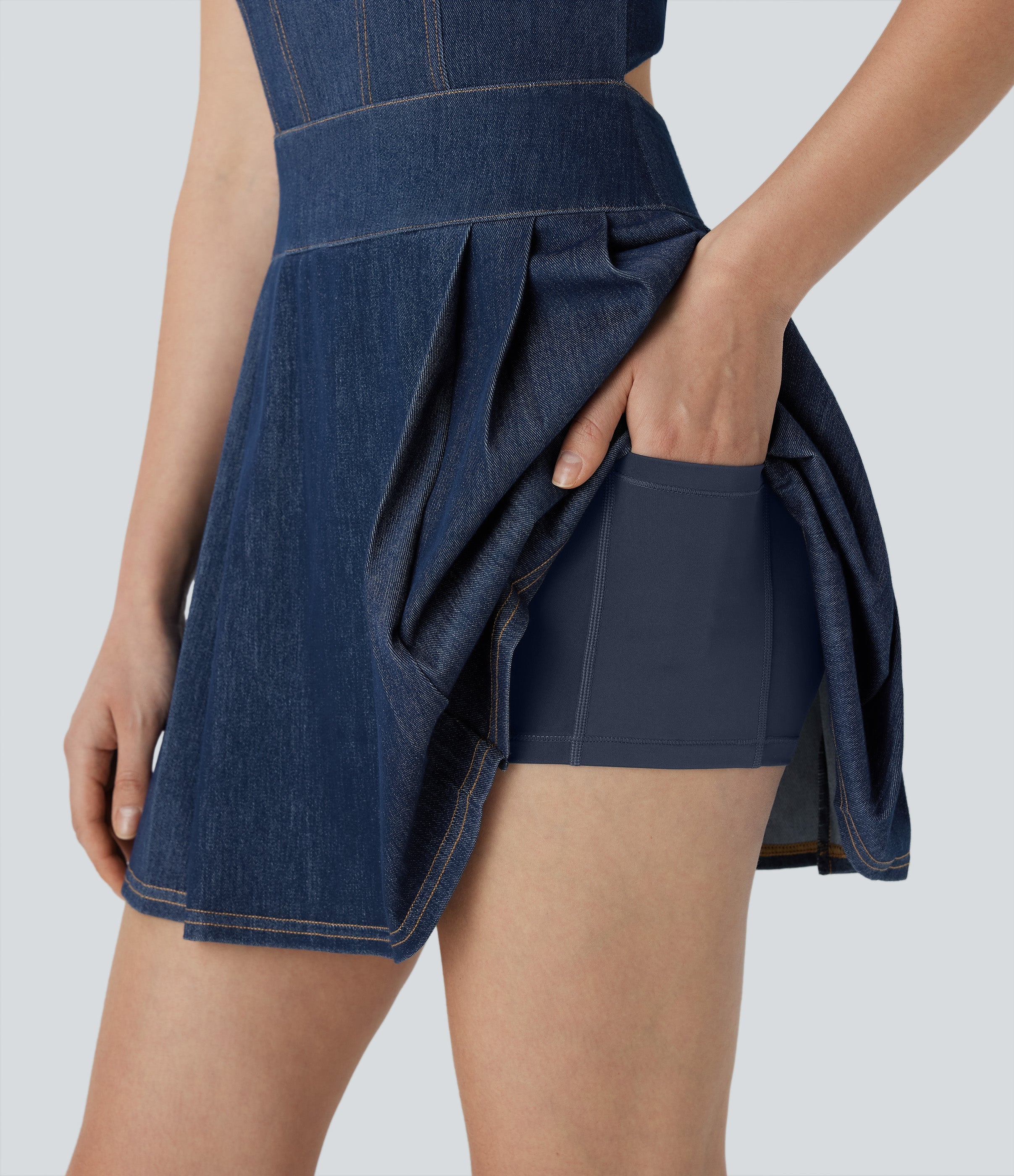 FlexTM Pleated Hem 2-in-1 Cool Touch Washed Denim Tennis Active Dress with Pockets