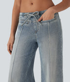 FlexTM Low Rise Drawstring Washed Casual Baggy Jeans with Pockets