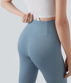 Ribbed Knit Crossover High Waisted Casual Flare Pants with Pocket