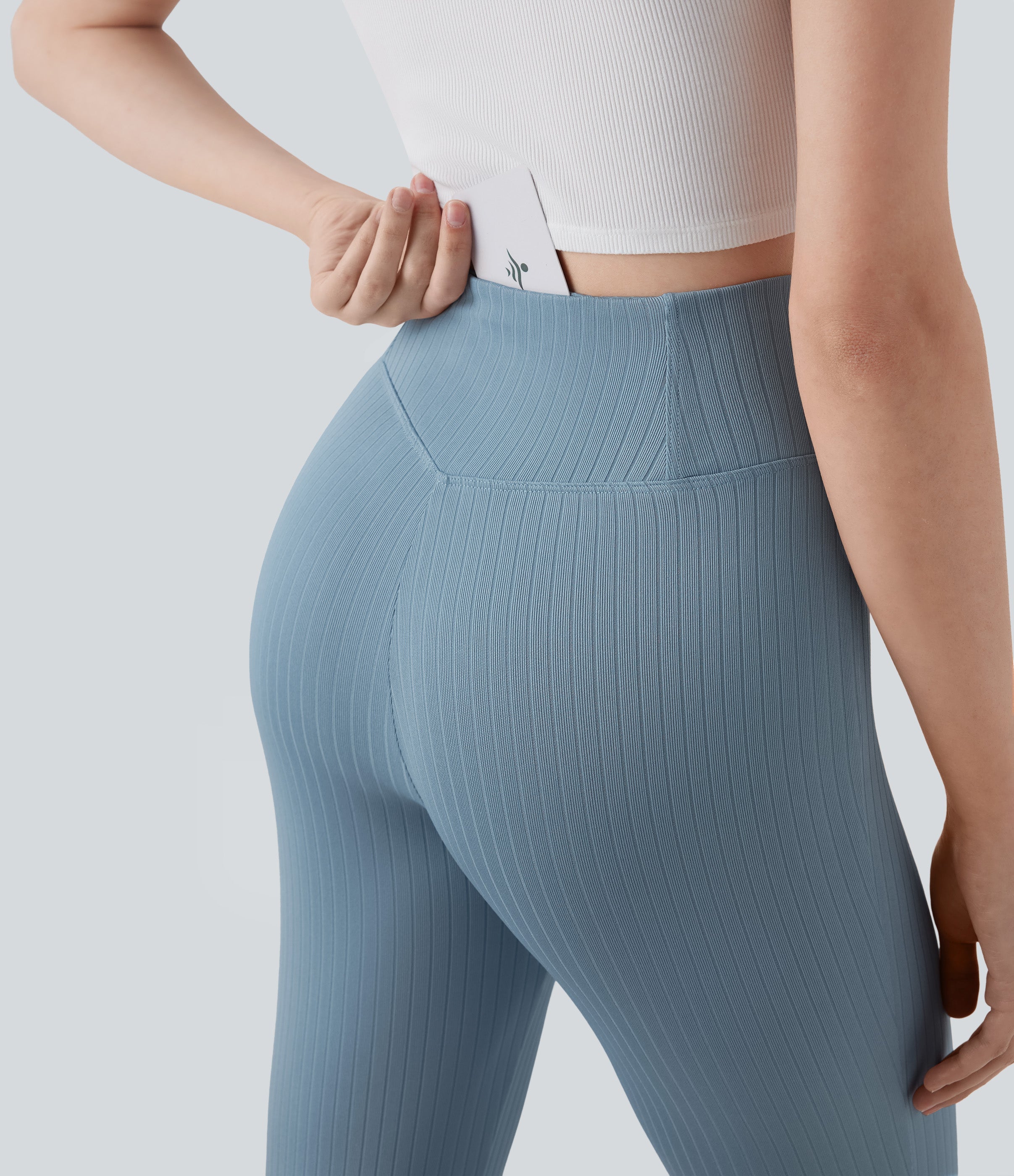 Ribbed Knit Crossover High Waisted Casual Flare Pants with Pocket