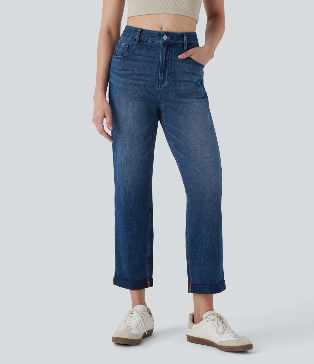 FlexTM Mid Rise Straight Leg Washed Casual Jeans with Pockets