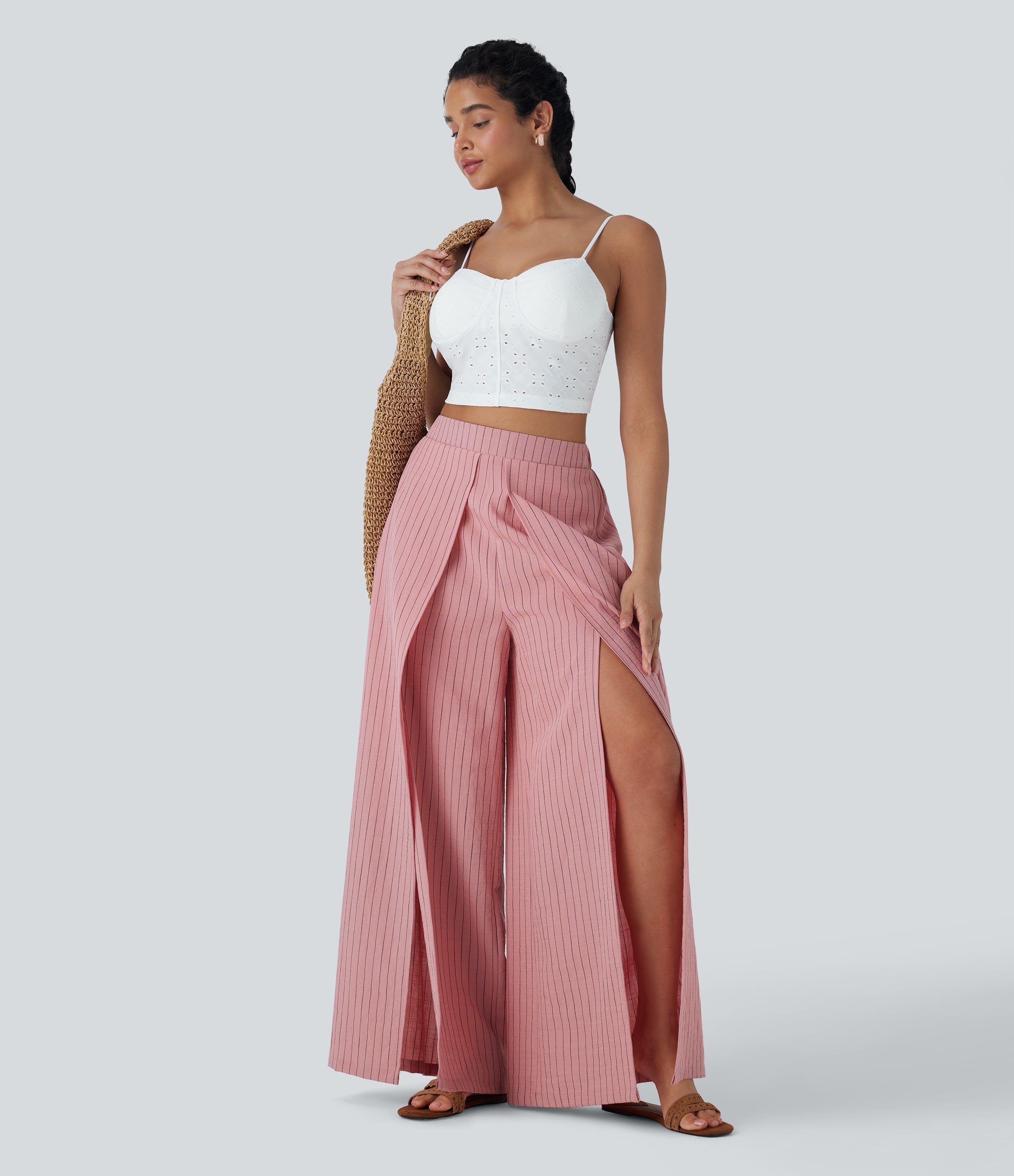 High Waisted Stripe Wide Leg Linen-Feel Pants with Pockets