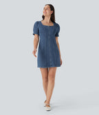 FlexTM Square Neck Short Sleeve Zipper Denim Mini Casual Dress