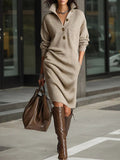 Casual Button Lapel Knit Mid-Length Sweater Dress