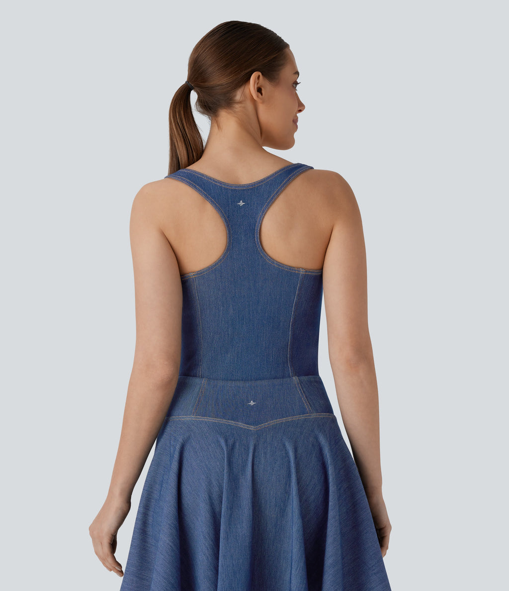 FlexTM Square Neck Racerback Cool Touch Washed Denim Tennis Bodysuit