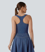FlexTM Square Neck Racerback Cool Touch Washed Denim Tennis Bodysuit