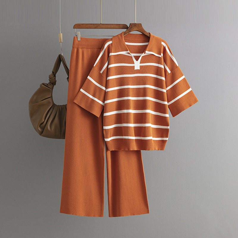 Stylish Striped Top & Solid Color Wide Leg Pants Two-Piece Set