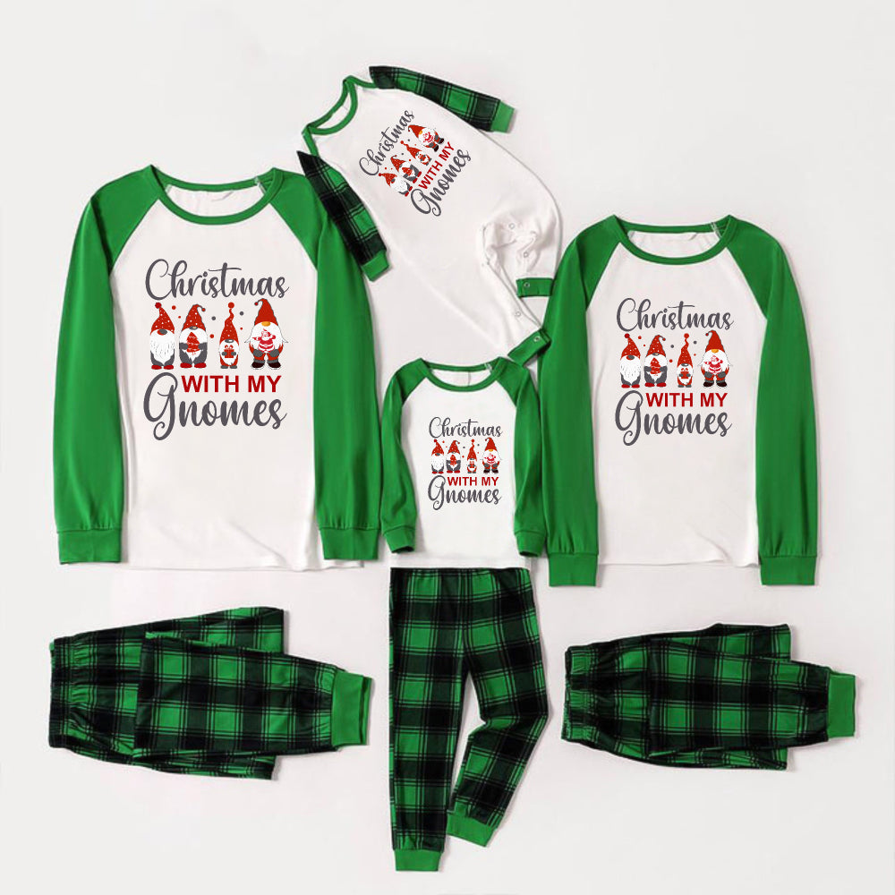 Green Raglan Top Green Plaid Christmas Pajamas Set With "Christmas WITH MY Gnomes" red and grey Cartoon Pattern Print