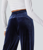 High Waisted Drawstring Wide Leg Velvet Casual Pants with Pockets