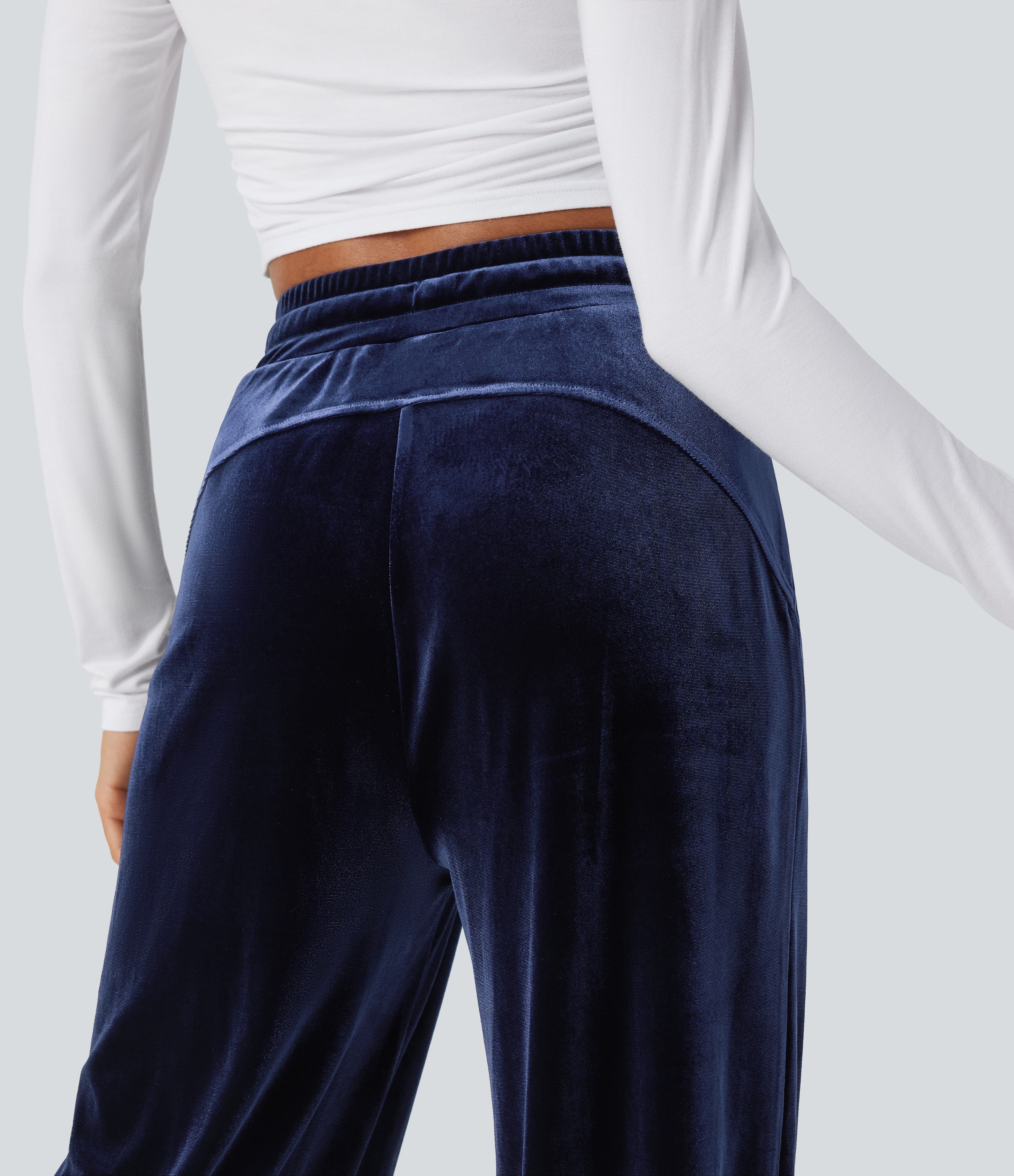 High Waisted Drawstring Wide Leg Velvet Casual Pants with Pockets