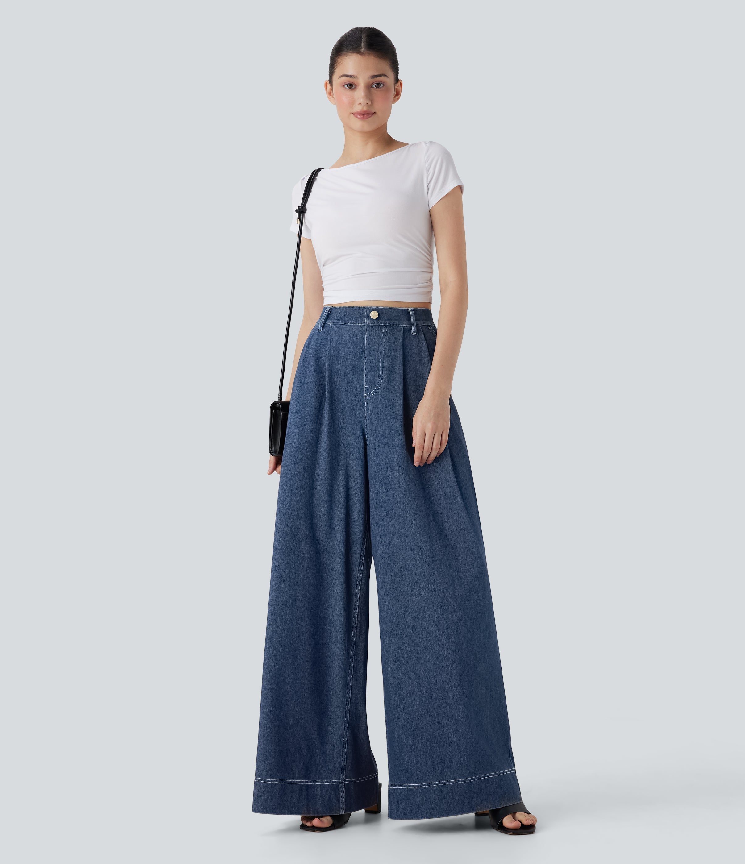 FlexTM High Waisted Wide leg Cool Touch Quick Dry Denim Casual Jeans with Pockets