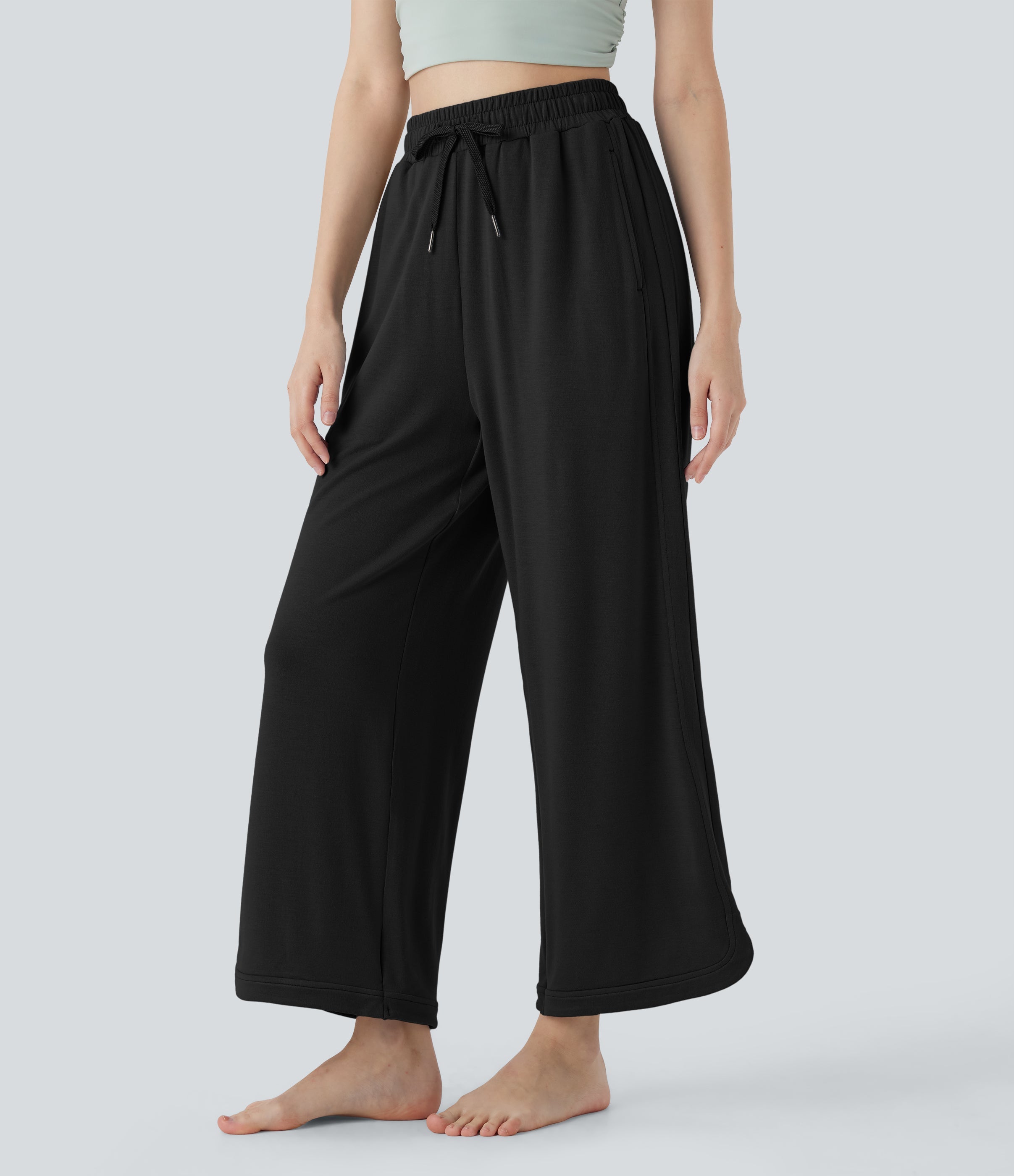 High Waisted Drawstring Curved Hem Straight Leg Yoga Pants with Pockets