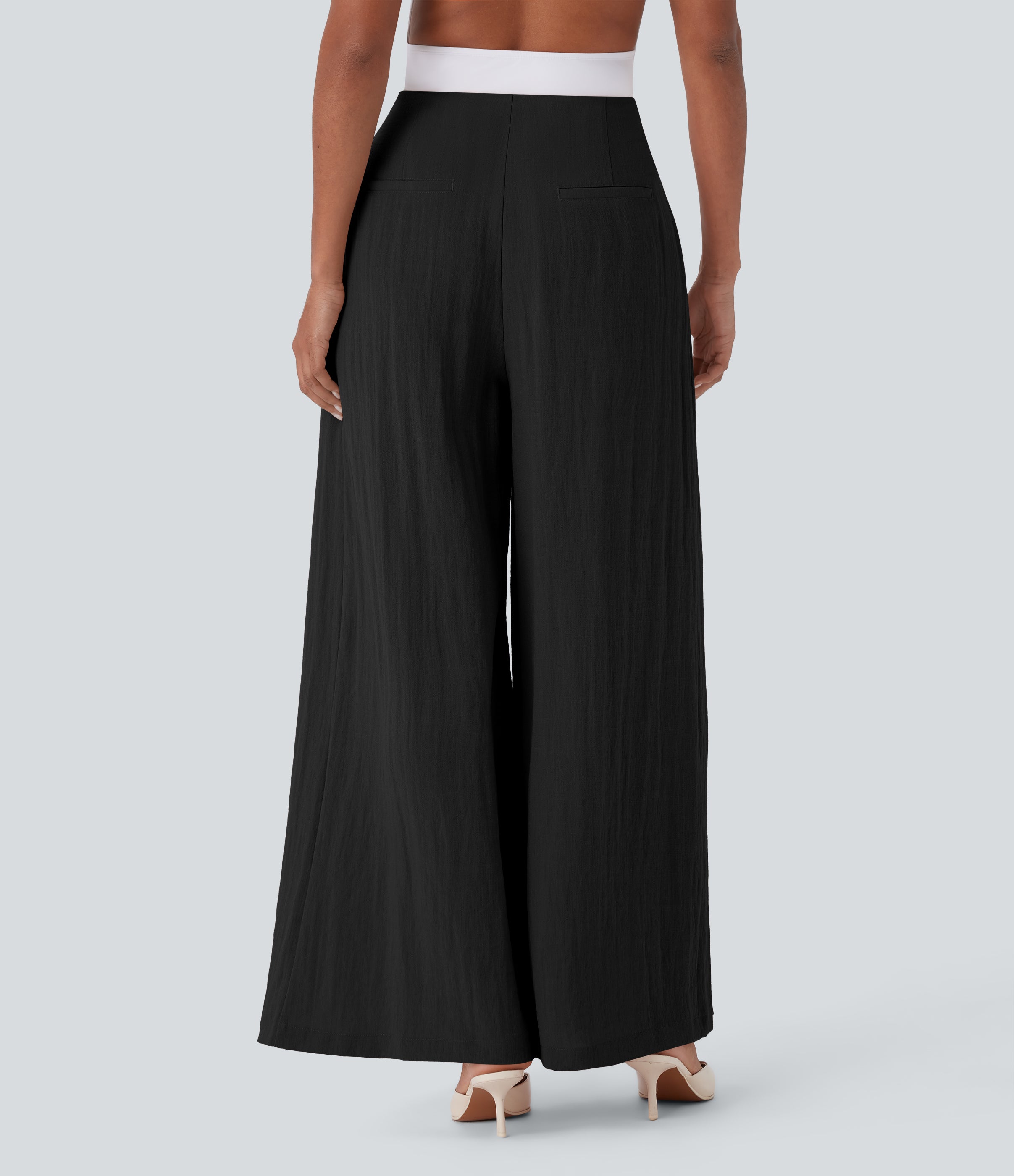 High Waisted Linen-Feel Work Wide Leg Pants with Pockets