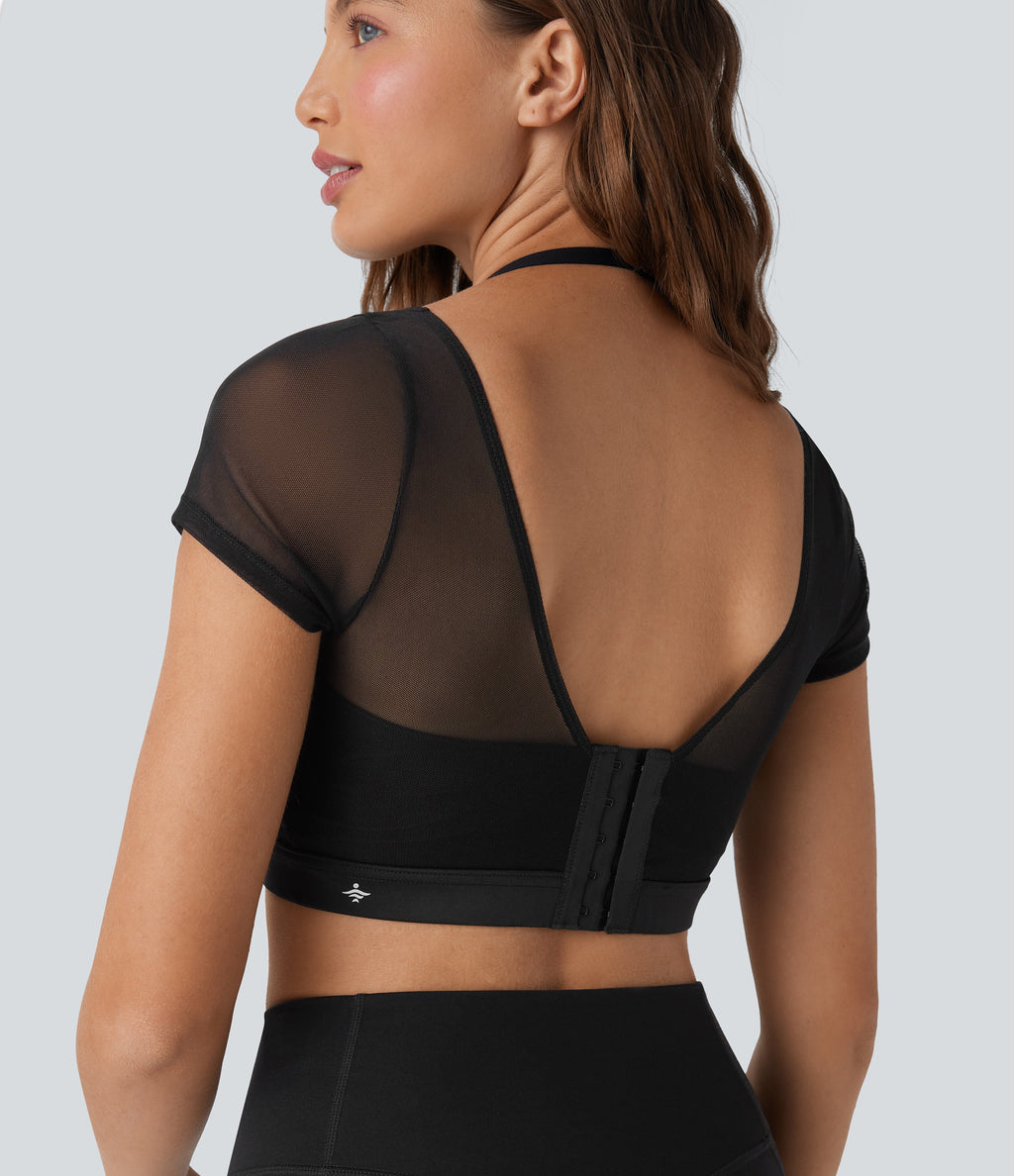 Halter Short Sleeve Contrast Mesh 2-in-1 Cropped Yoga Sports Top