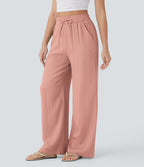 Women Summer High Waisted Drawstring Pocket Wide Leg Casual Linen-Feel Pants