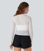 Sheer Mesh Crossover V Neck Ruched Casual Top