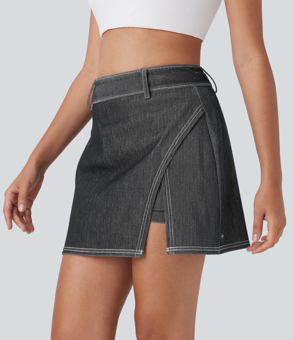 FlexTM High Waisted 2-in-1 Cool Touch Washed Denim Mini Tennis Skirt with Pocket