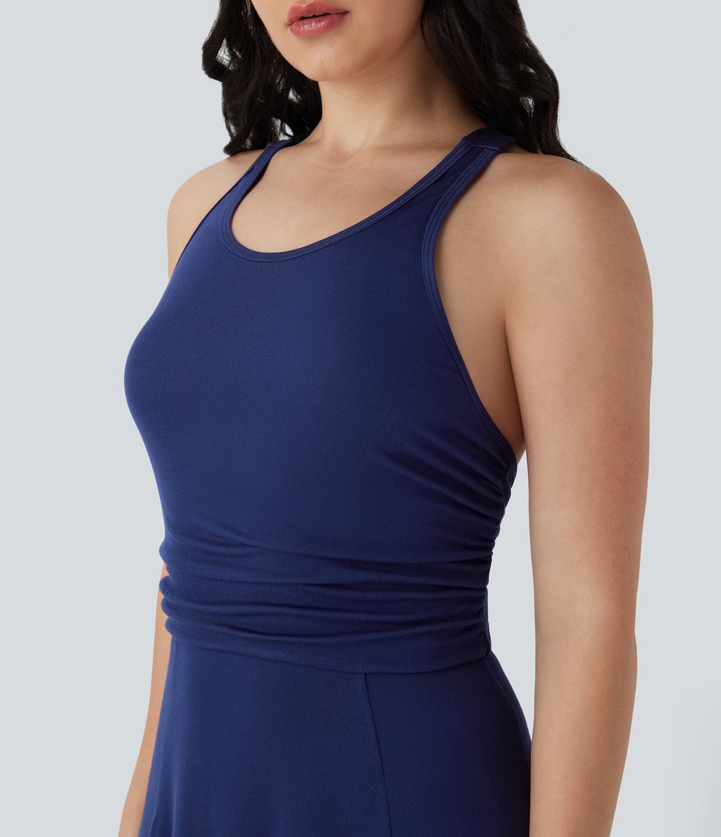 Ruched Asymmetric Hem Flowy Maxi Casual Dress