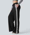 Low Rise Drawstring Color Block Snap Waffle Casual Wide Leg Pants with Pockets