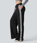 Low Rise Drawstring Color Block Snap Waffle Casual Wide Leg Pants with Pockets