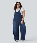FlexTM V Neck Washed Denim Casual Plus Size Overalls with Pockets
