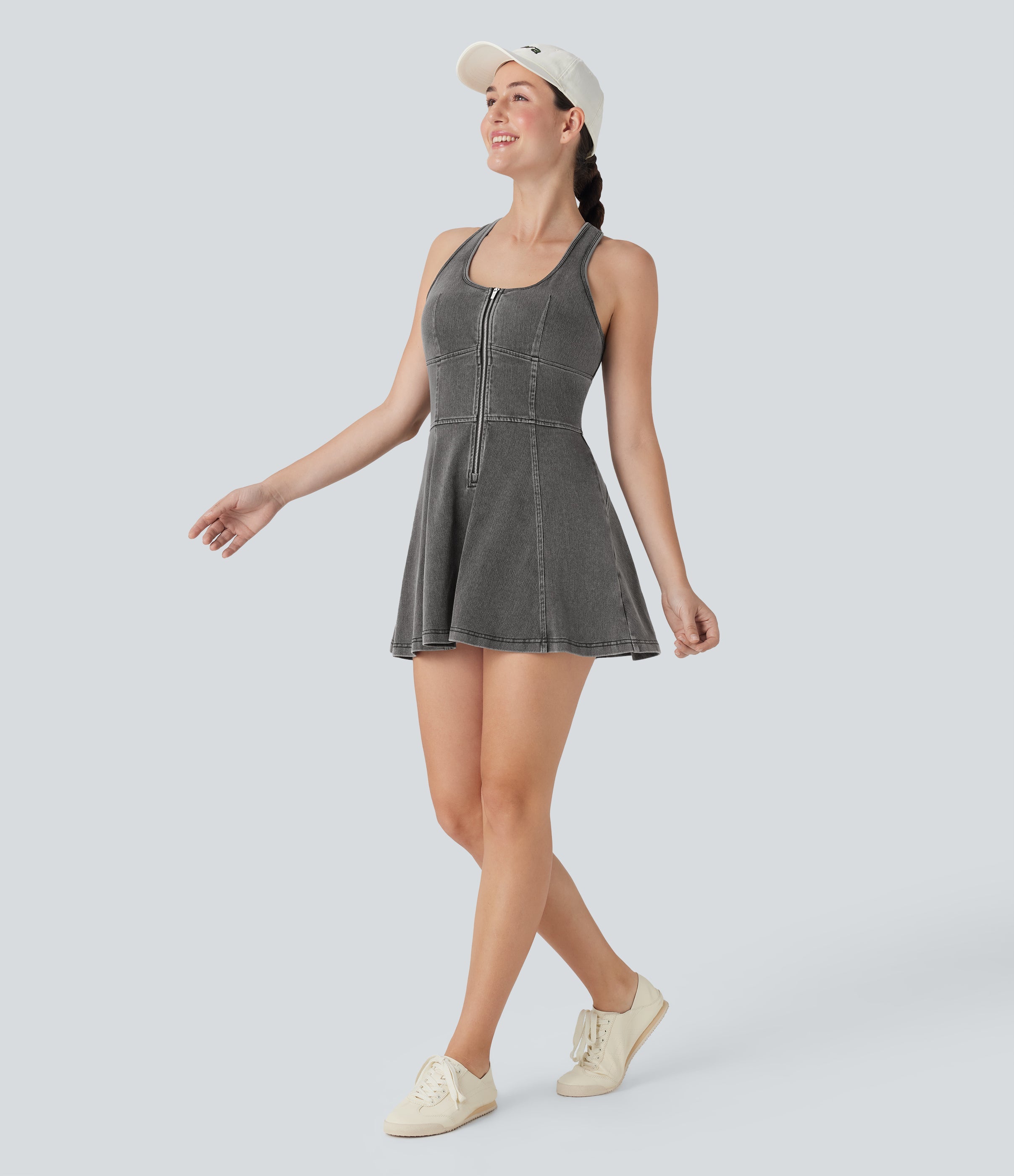 FlexTM Racerback Sleeveless Half Zipper Mini Washed Denim Casual Dress