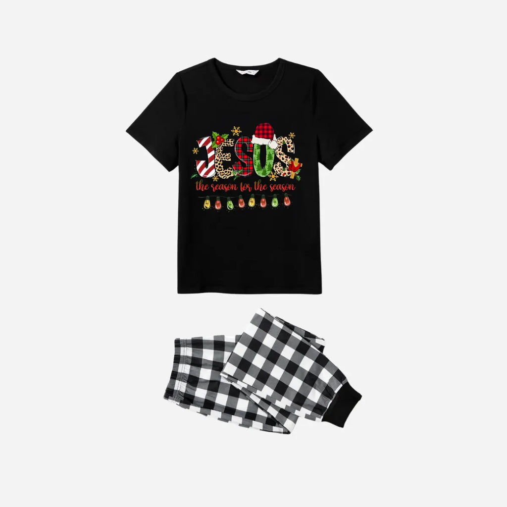 Jesus the Reason for the Season Family Christmas Pajamas Set - Black Top with Black and White Plaid Pants