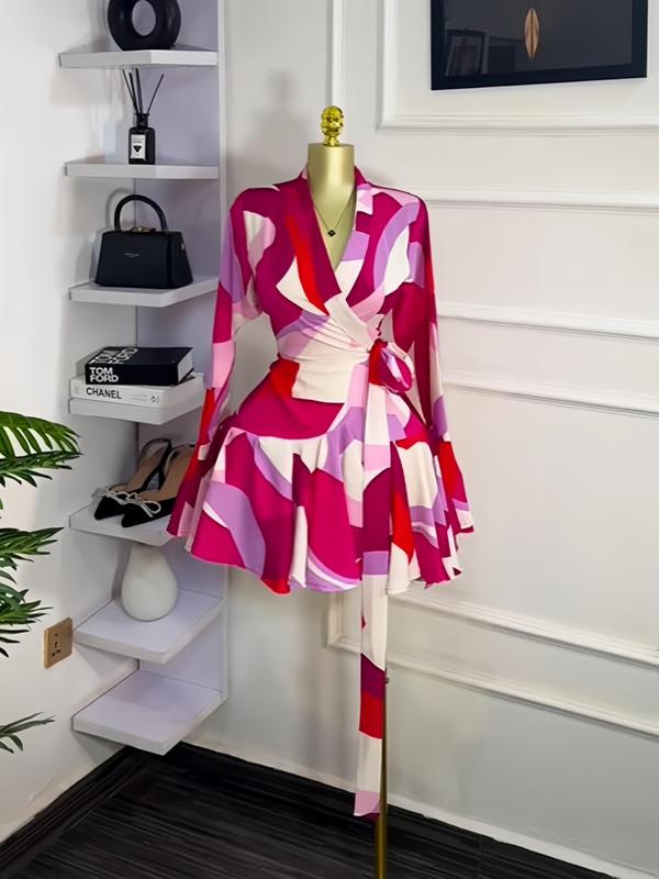 Women's Tie-Dye Print Flare Long Sleeve Dress, V-Neck Bow Hem, Fall Winter Wear, Elegant Vacation Party Birthday Dress