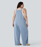 FlexTM V Neck Washed Denim Casual Plus Size Overalls with Pockets