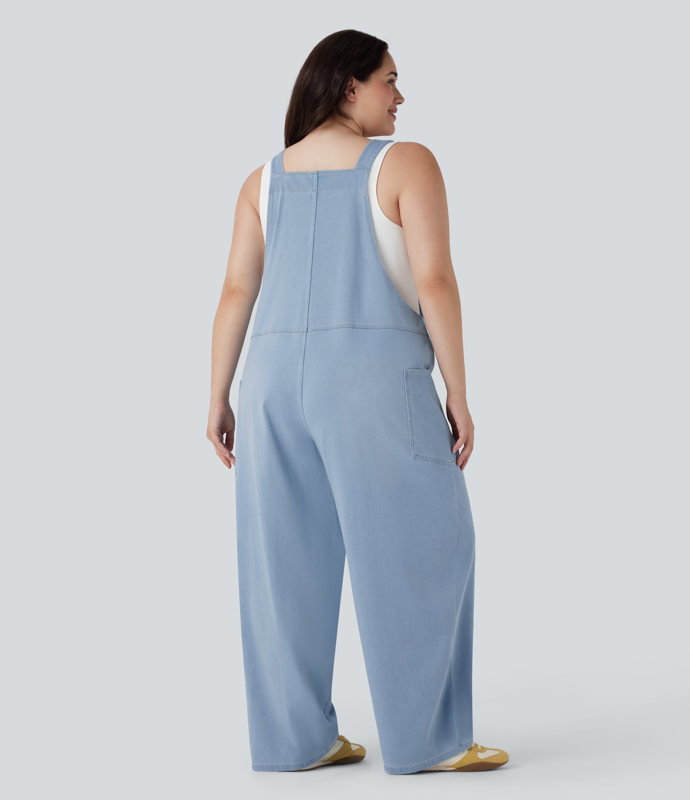 FlexTM V Neck Washed Denim Casual Plus Size Overalls with Pockets
