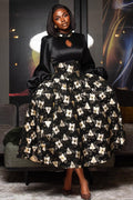 Satin Lantern Sleeve Cutout Floral Print A-Line Midi Dresses-Black [Pre Order]