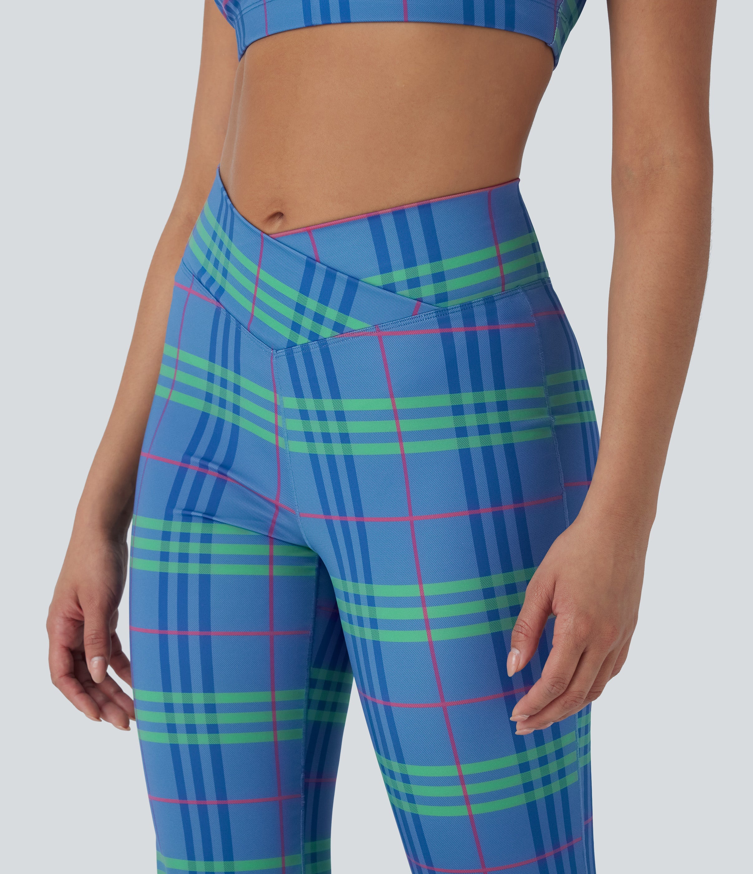 Crossover High Waisted Plaid Cool Touch Yoga Flare Leggings with Pocket